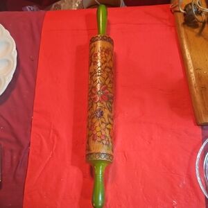Beautiful Floral Wooden Rolling Pin with Green Handles
